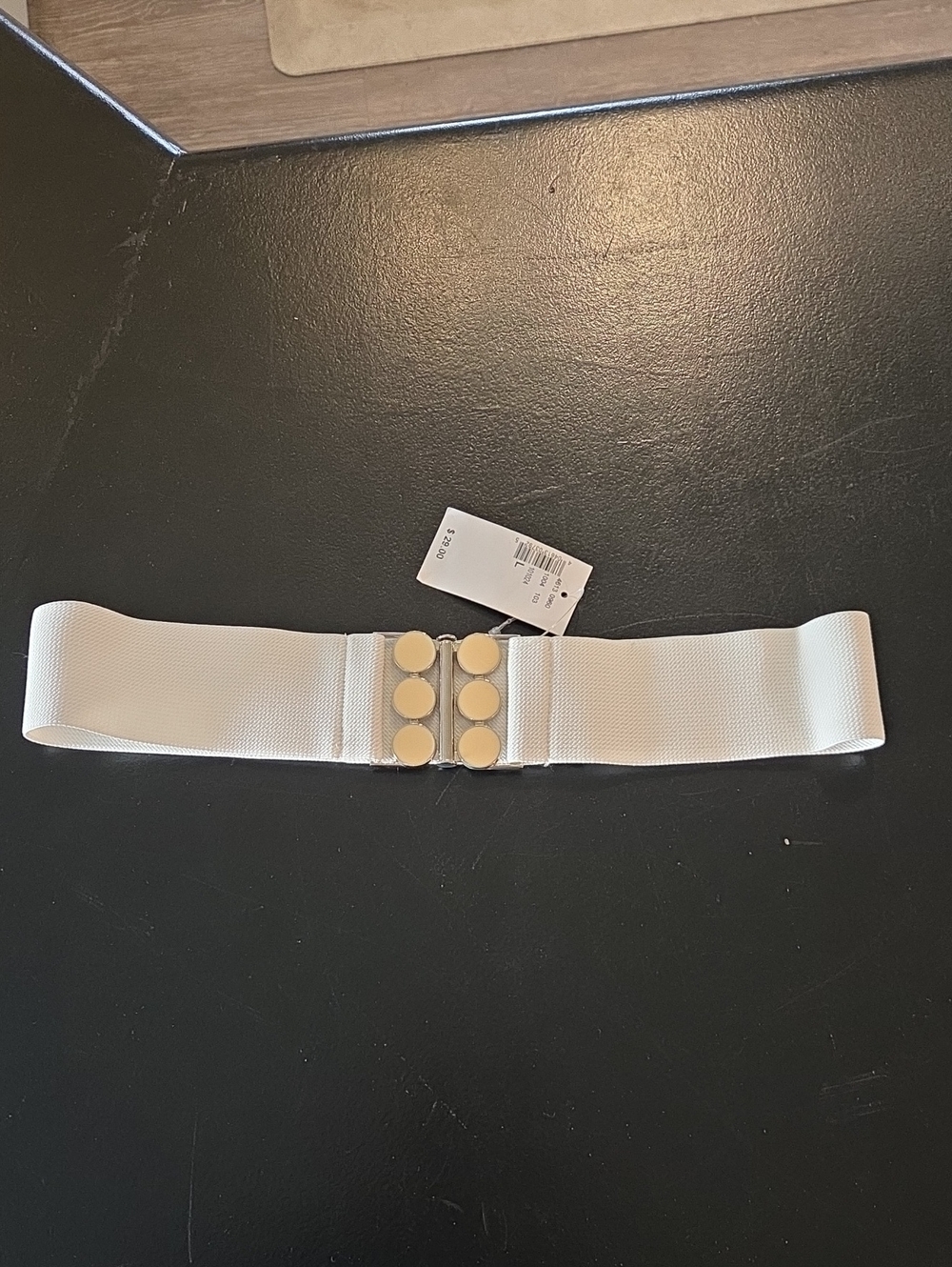 NWT Size Large White Elastic Waist Belt with Gold Button Accents